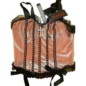 ROMWE Corset Top XS Pink‎ Velvet Lace Trim Black Bows Gothic Punk New